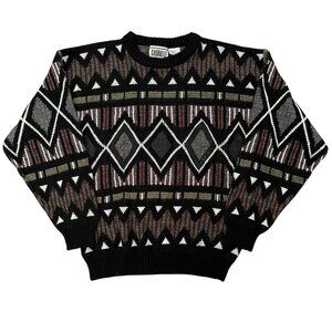 Gabrielle Sweater Mens Size L Crewneck Argyle Knit Leather Trimming Gray VTG 90s